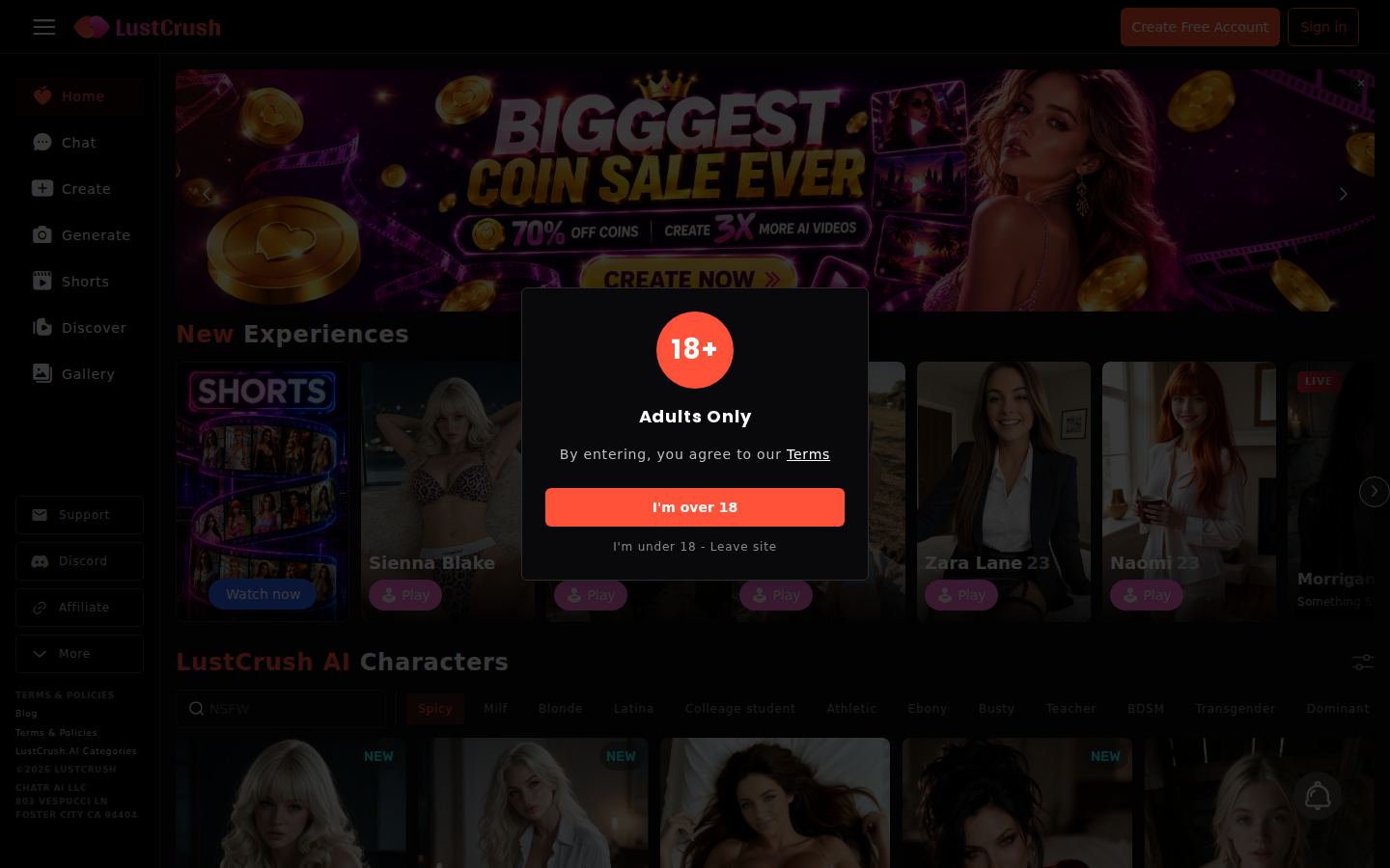 LustCrush AI — PC homepage preview
