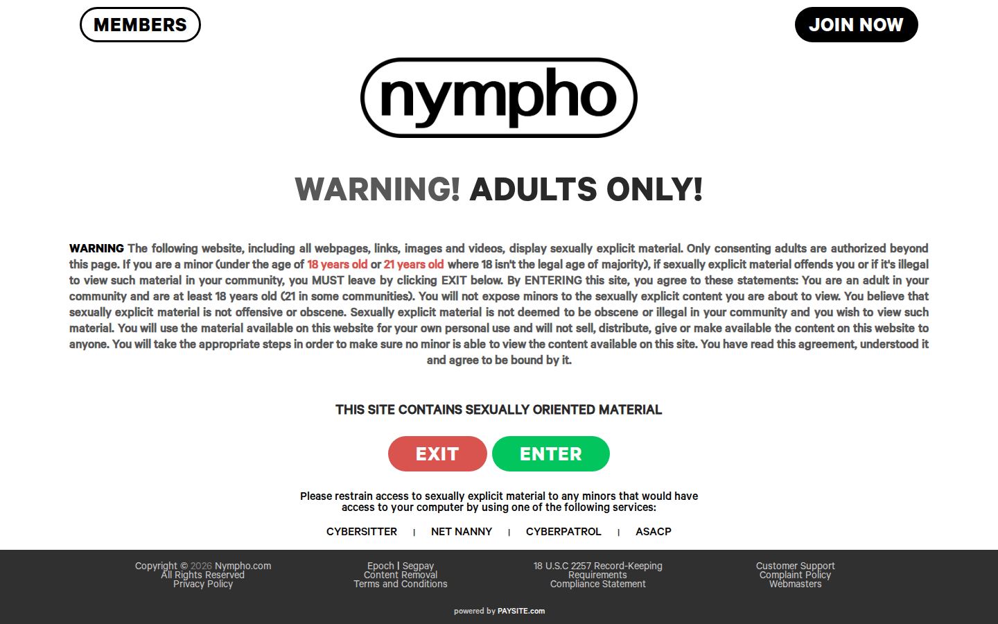 Nympho.com — PC homepage preview