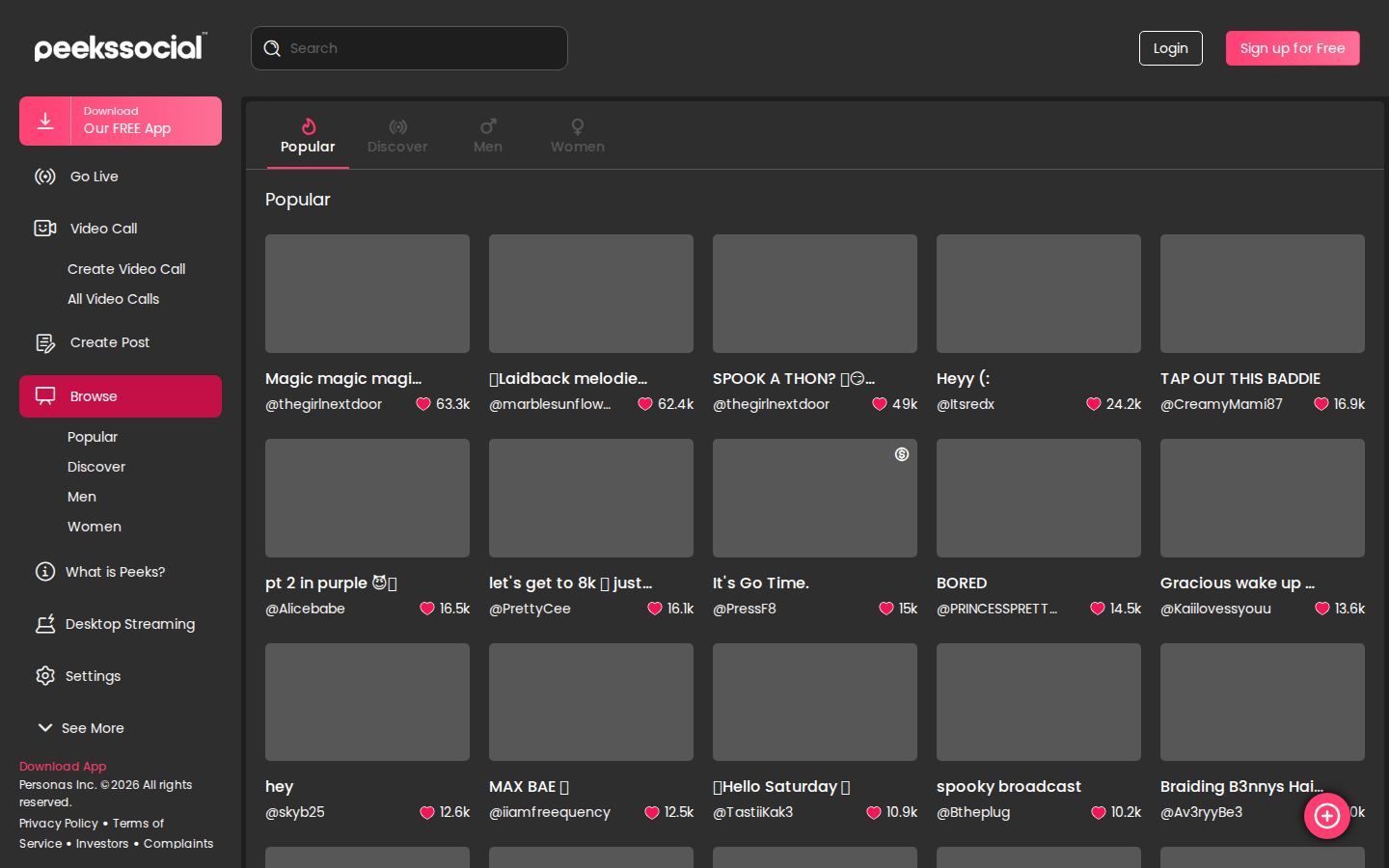 Peeks Social — PC homepage preview